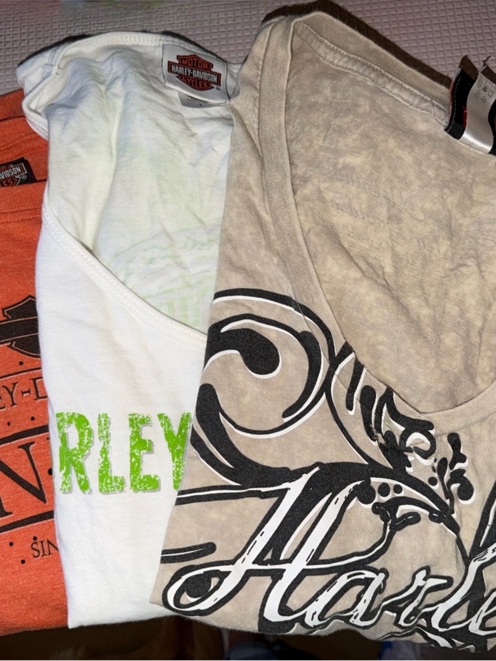 Harley-Davidson Ladies Beige, White and Orange 3 Tshirt bundle.